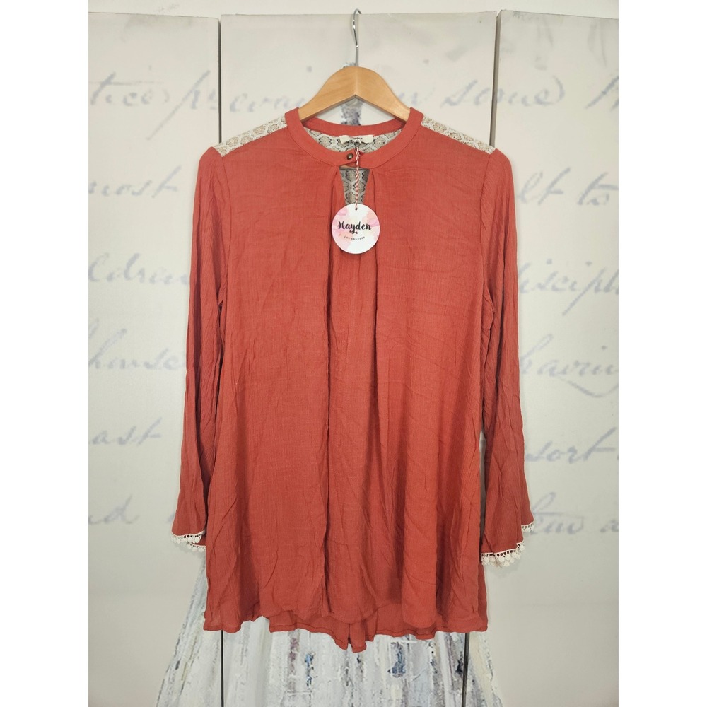 Hayden Los Angeles Terracotta Lace Yoke Boho Tunic Top Bell Sleeve Small NEW